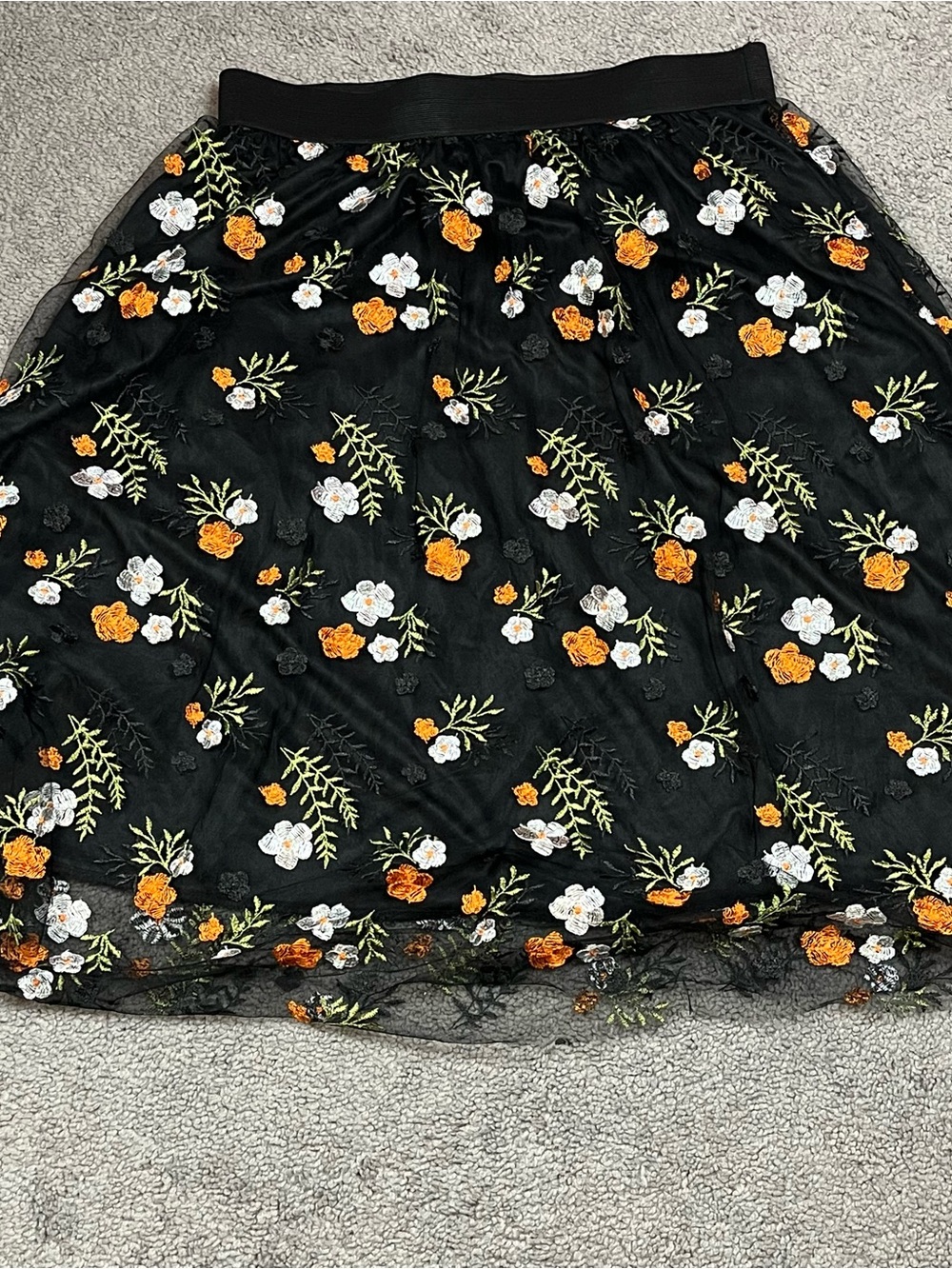 Black Sheer Mesh Floral Embroidered Midi Skirt - Orange & White Flowers